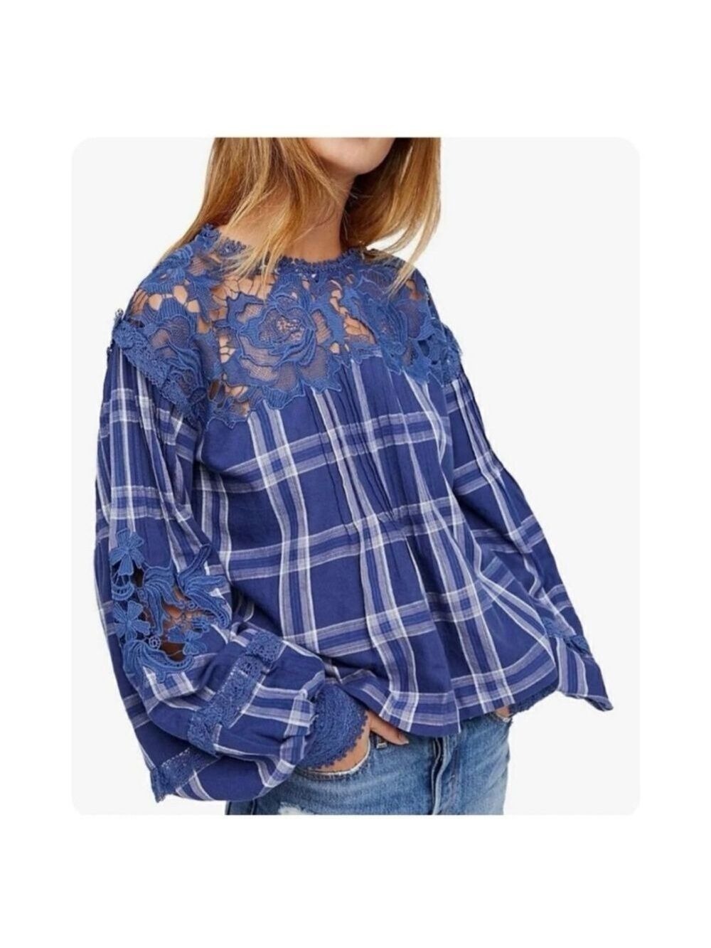 Free People Darling Diana Embroidered Lace Plaid Blouse XS Cotton